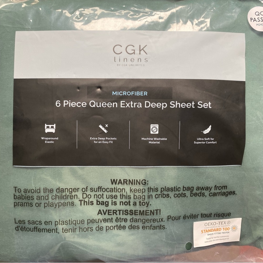 Brand New / Unopened: Queen CGK Linens, 6 Piece Extra Deep Sheet Set